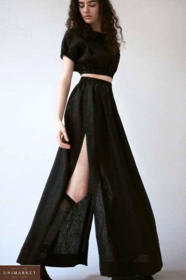 Заказать черный в Украине ьняной костюм длинная юбка+топ для женщин