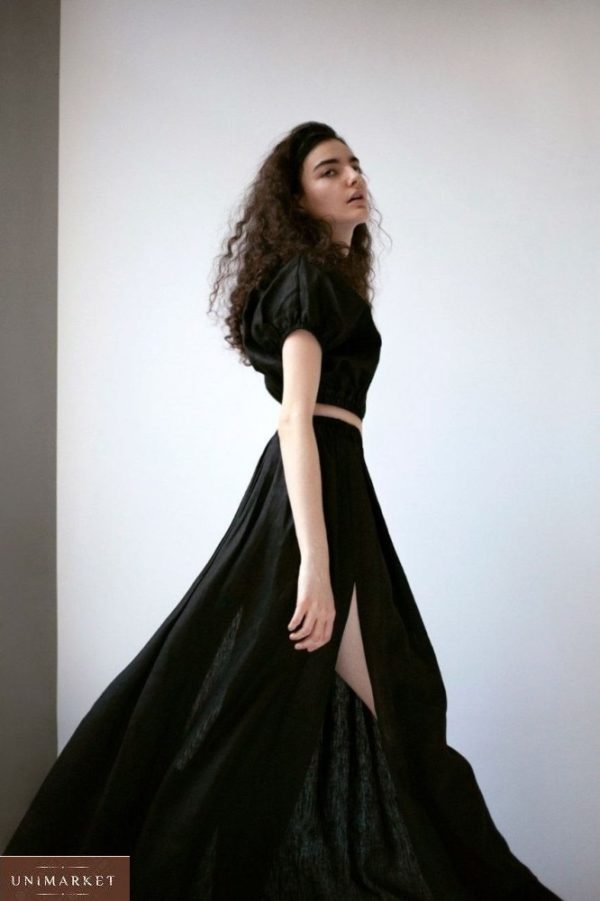 Замовити чорний лляний костюм довга спідниця + топ жіночий в Україні