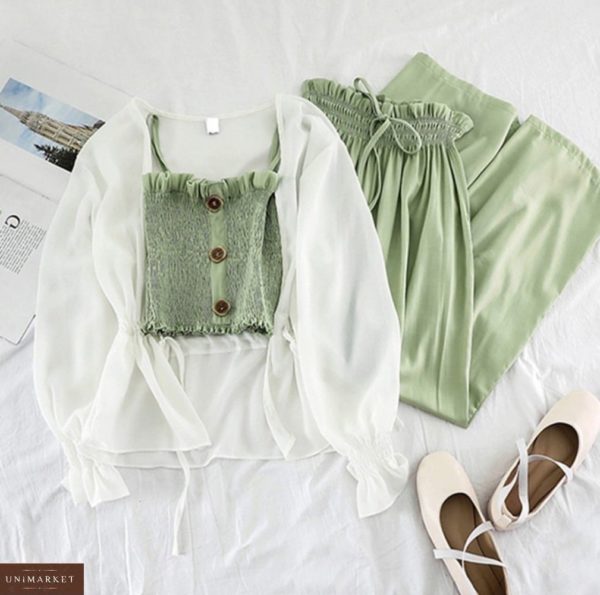Купить онлайн оливковий костюм трійка: брюки, топ і накидка для жінок