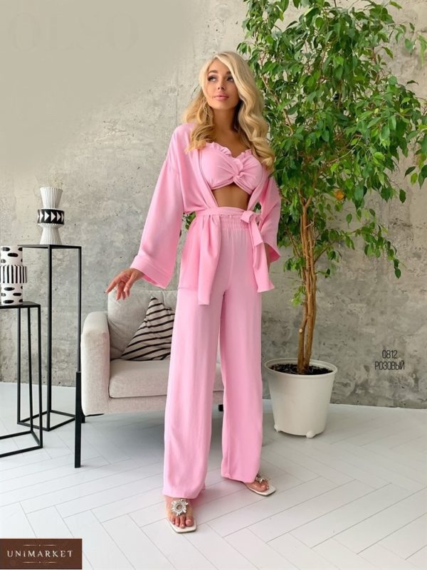 Заказать розовый женский костюм тройка с кроп топом в интернете