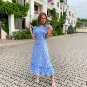 Купити в інтернеті блакитне плаття міді з рюшами (розмір 42-48) для жінок