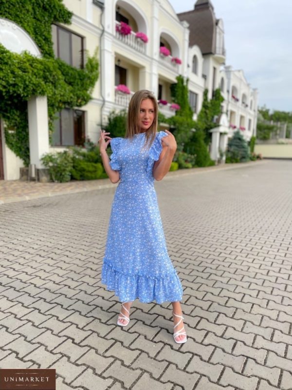 Купить в интернете голубое платье миди с рюшами (размер 42-48) для женщин