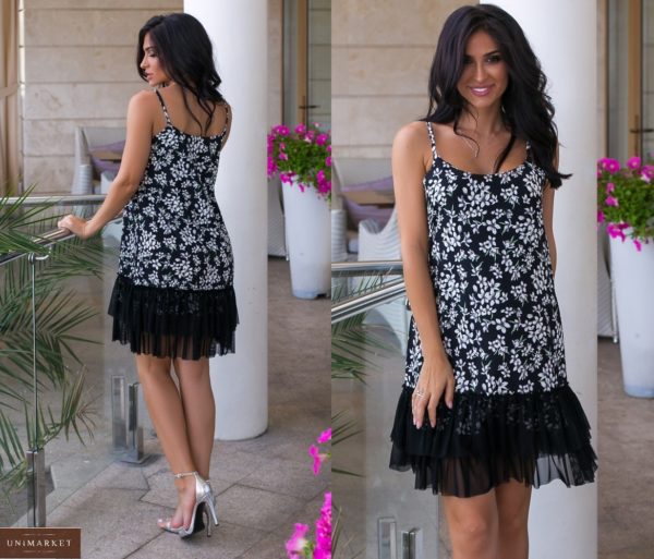 Замовити онлайн чорне жіноче літнє плаття в квіточку з сіткою (розмір 42-52)