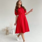 Придбати вигідно червоне плаття з льону з рукавами-ліхтариками (розмір 42-48) для жінок