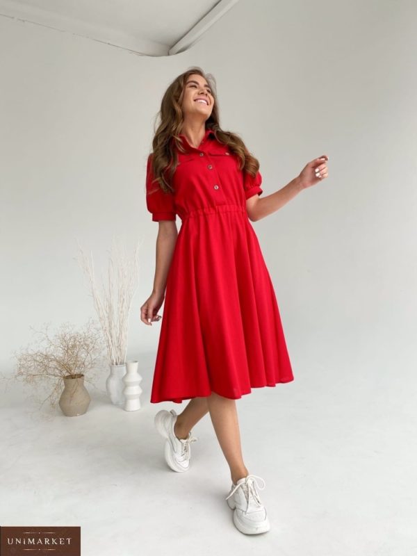 Приобрести выгодно красное платье из льна с рукавами-фонариками (размер 42-48) для женщин