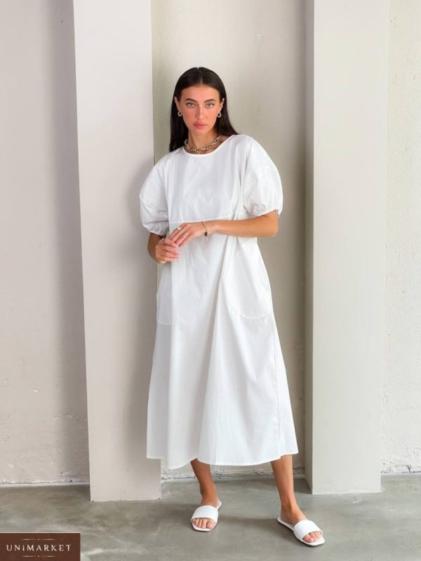 Купить онлайн белое свободное платье из коттона (размер 42-48) для женщин
