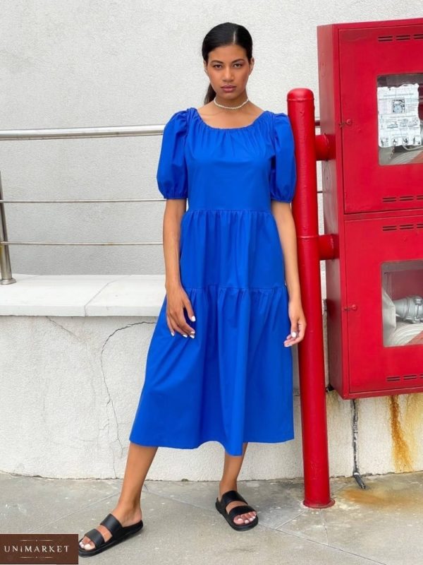 Купить синее женское платье оверсайз с объемными рукавами онлайн