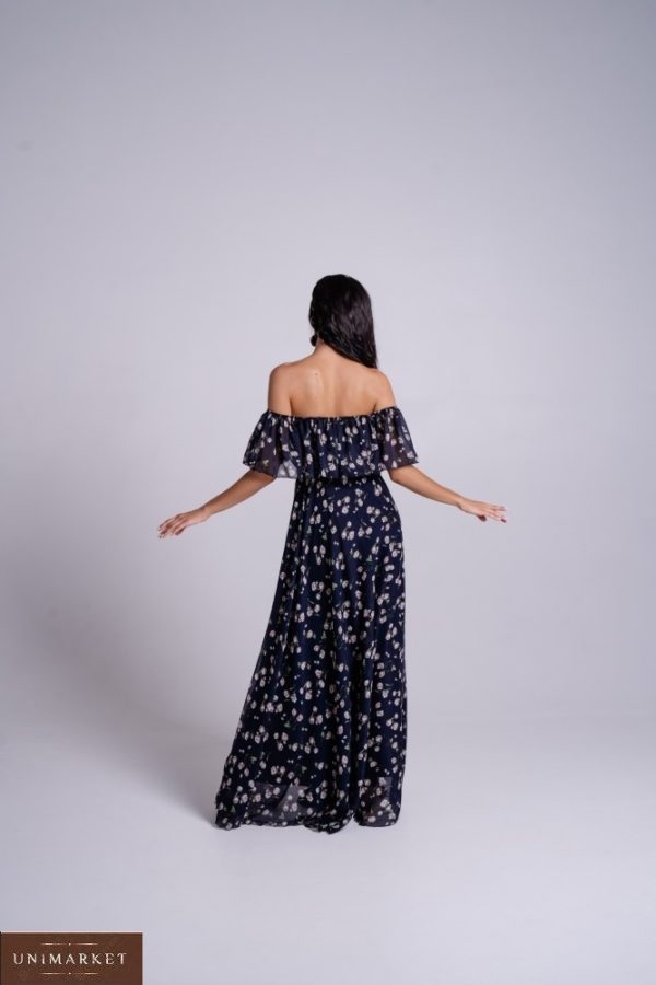 Купить синее женское шифоновое платье в пол в цветочный принт дешево