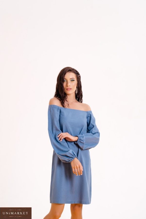 Купить недорог синее женское платье из льна с длинным рукавом (размер 42-48)