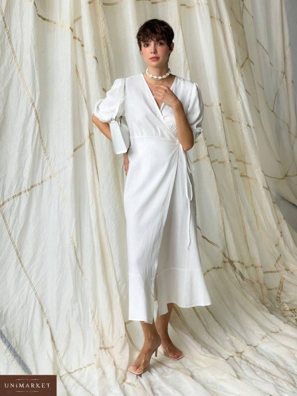 Придбати біле лляне плаття з рукавами-ліхтариками (розмір 42-48) для жінок в Україні