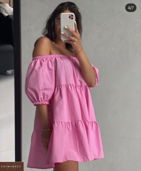 Приобрести розовое женское платье из коттона с открытыми плечами по низким ценам