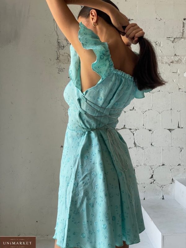 Купить выгодно бирюзовое льняное платье с вышивкой мини для женщин