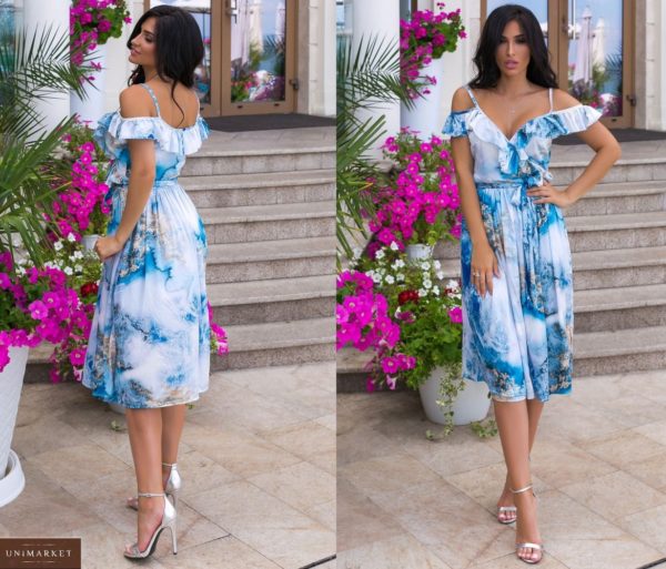 Купить голубое женское шелковое платье с мраморным принтом (размер 44-52) в интернете