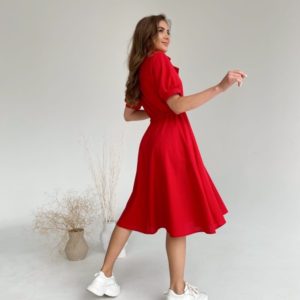 Заказать онлайн красное женское платье из льна с рукавами-фонариками (размер 42-48)