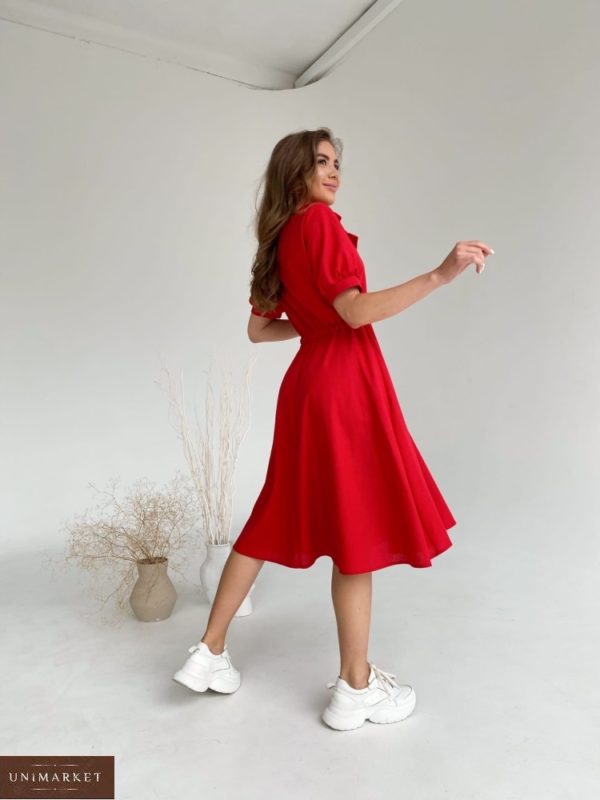 Заказать онлайн красное женское платье из льна с рукавами-фонариками (размер 42-48)