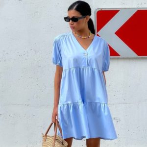 Заказать в интернете голубое платье оверсайз из коттона (размер 42-48) женское