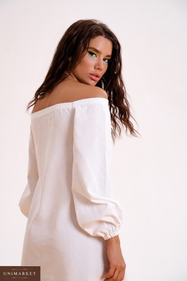 Придбати вигідно біле плаття з льону з довгим рукавом (розмір 42-48) для жінок