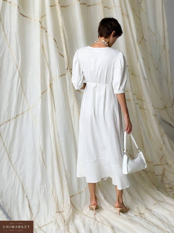 Придбати біле лляне плаття з рукавами-ліхтариками (розмір 42-48) для жінок дешево