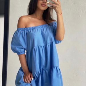 Купити блакитне жіноче плаття з котону з відкритими плечима на літо