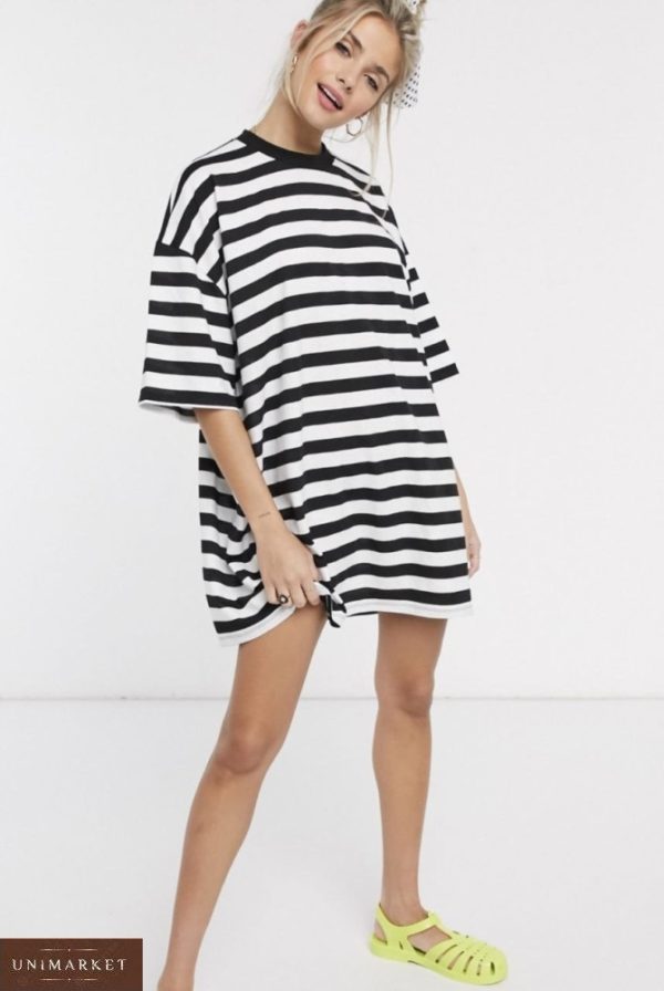 Придбати жіночу смугасту сукню-футболку оверсайз (розмір 42-50) чорно-біле вигідно