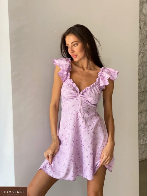 Заказать онлайн лиловое льняное платье с вышивкой мини для женщин