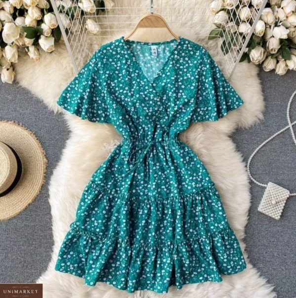 Приобрести бирюзовое женское платье с цветочным принтом из штапеля в интернете