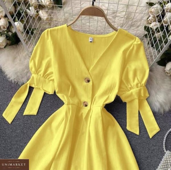 Купить по скидке желтое платье из штапеля с рукавами-фонариками для женщин