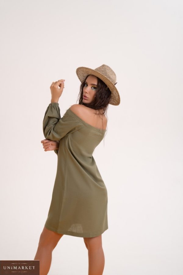 Купить по низким ценам женское платье из льна с длинным рукавом (размер 42-48) цвета хаки