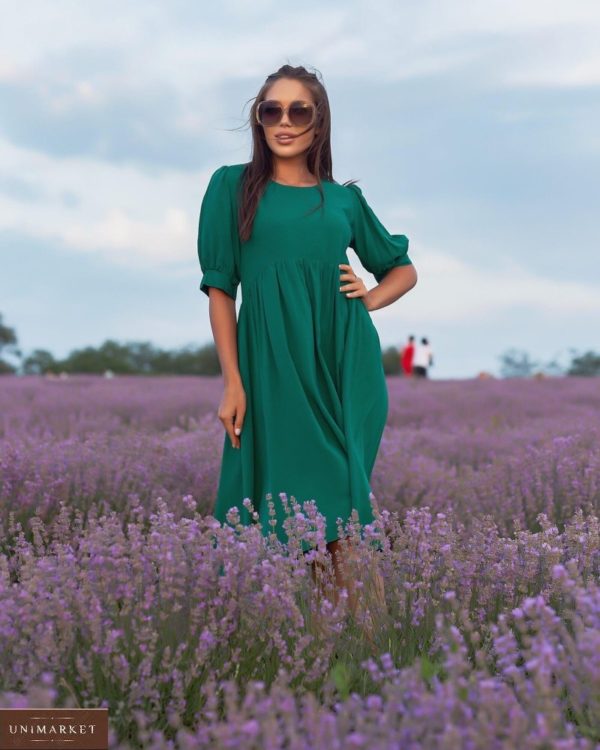 Заказать онлайн зеленое платье из штапеля с объемными рукавами (размер 42-52) для женщин