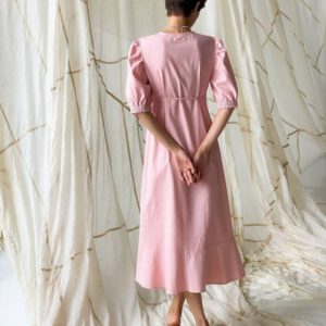 Замовити вигідно рожеву лляну сукню з рукавами-ліхтариками (розмір 42-48) для жінок