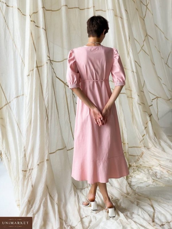 Заказать выгодно розовое льняное платье с рукавами-фонариками (размер 42-48) для женщин