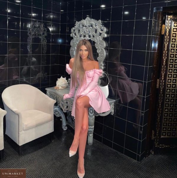 Заказать розовое женское платье мини с длинным рукавом в интернете