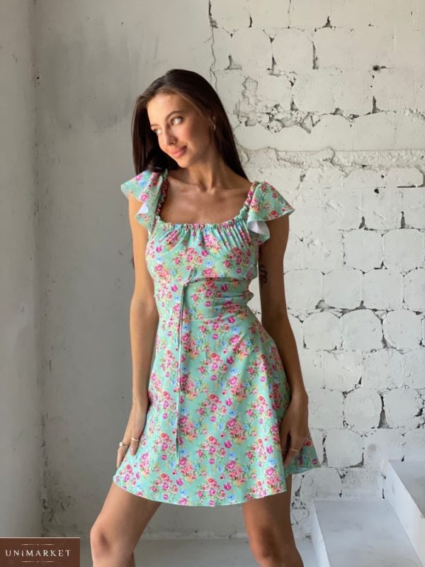 Приобрести бирюзовое женское цветочное платье со шнуровкой в Украине