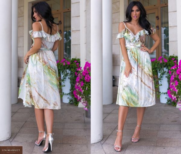 Заказать выгодно женское шелковое платье с мраморным принтом (размер 44-52) оливкового цвета