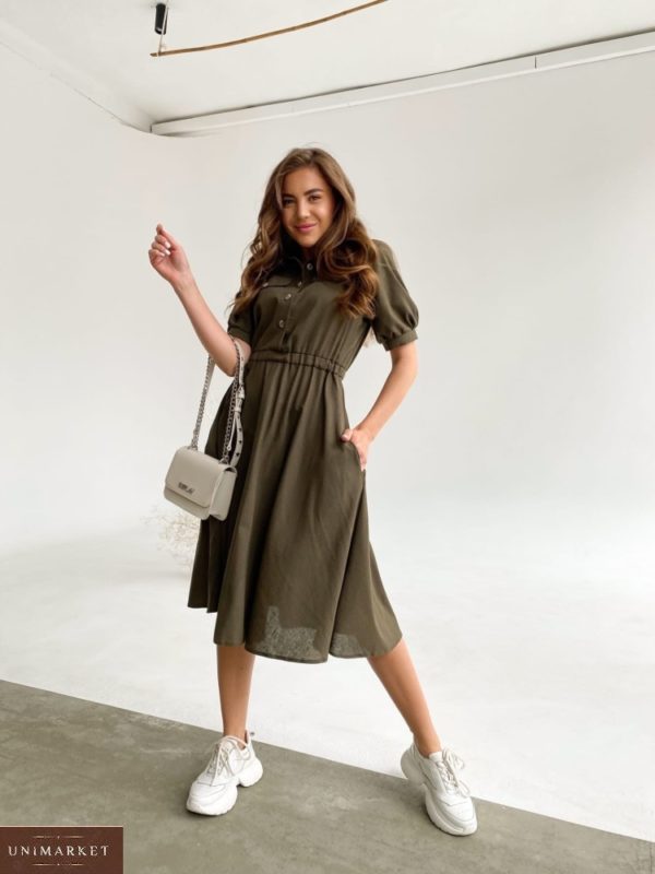 Замовити онлайн хакі плаття з льону з рукавами-ліхтариками (розмір 42-48) для жінок