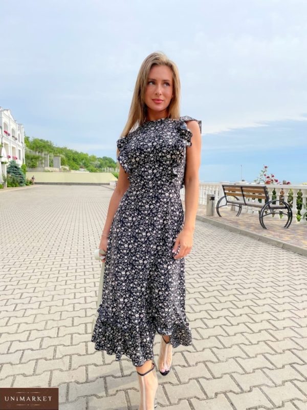 Приобрести черное женское платье миди с рюшами (размер 42-48) в Украине