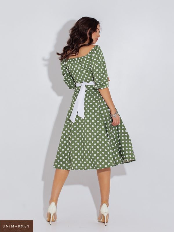 Заказать оливковое женское платье в горошек с атласным поясом (размер 48-54) в Украине