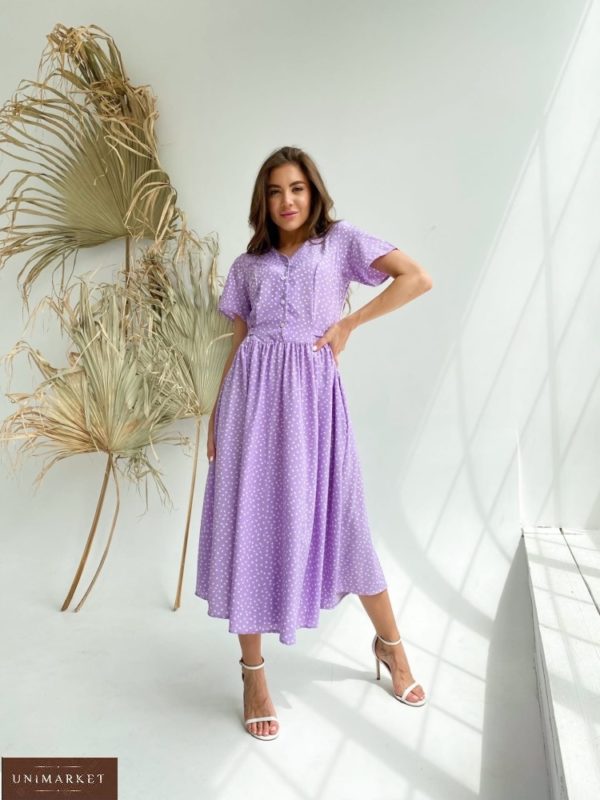 Купити фіолетову сукню міді в подовжений горошок (розмір 42-48) для жінок недорого