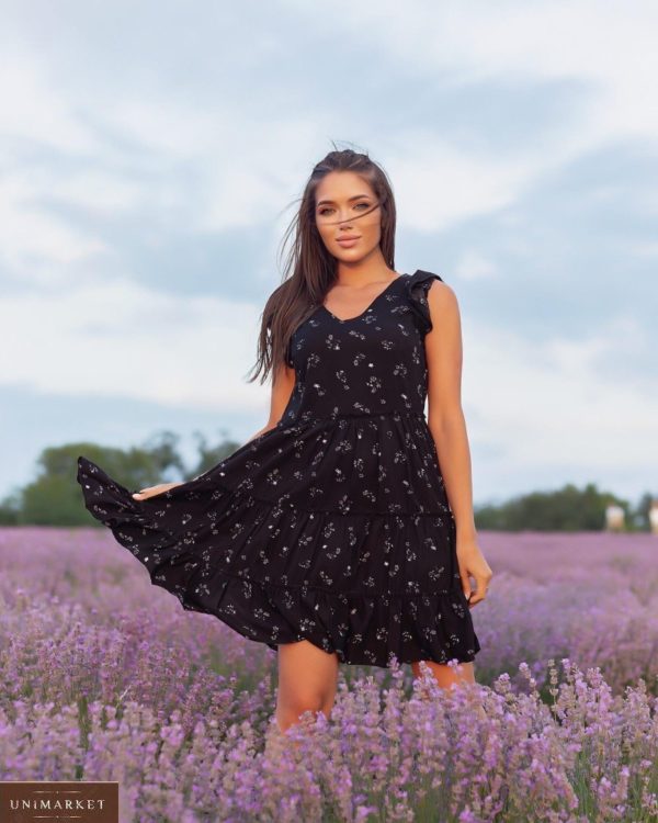 Заказать онлайн черное летнее платье с рюшами (размер 42-52) для женщин