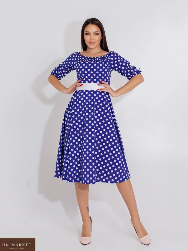 Купить синее женское платье в горошек с атласным поясом (размер 48-54) онлайн