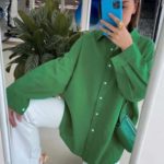 Заказать зеленую женскую летнюю рубашку из штапеля (размер 42-48) онлайн