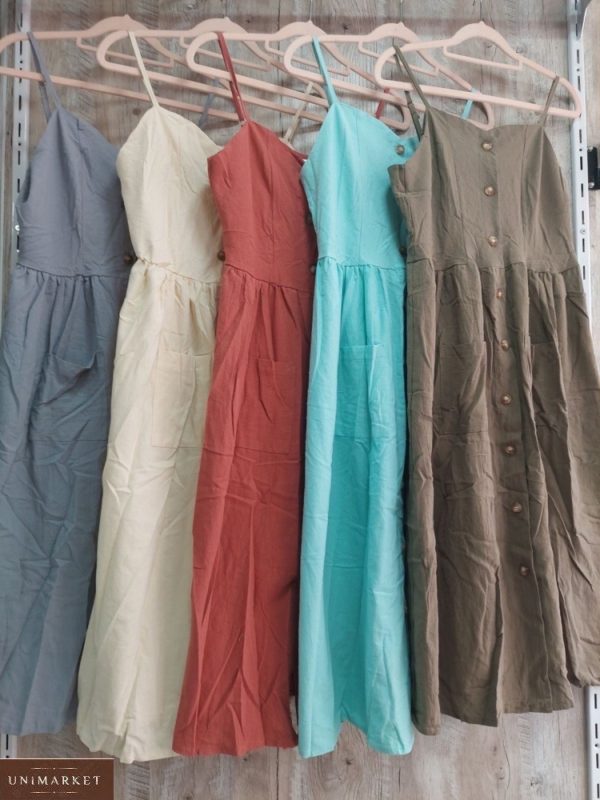 Замовити різних кольорів жіночий лляний сарафан на ґудзиках в Україні