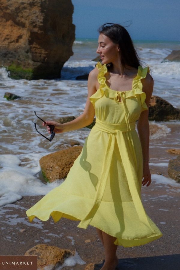 Купити дешево для жінок сарафан з жатої бавовни з рюшами (розмір 42-48) жовтий