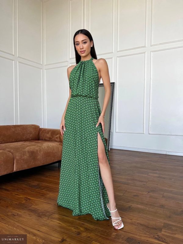 Купить зеленое женское Летнее длинное платье с юбкой дешево