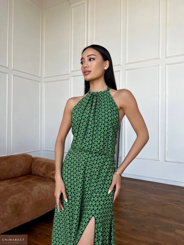 Приобрести по низким ценам женское Летнее длинное платье с юбкой зеленое