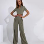 Купити кольору хакі жіночий костюм двійка: кроп-топ + штани палаццо онлайн