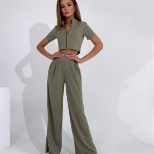 Купить цвета хаки женский костюм двойка: кроп-топ+брюки палаццо онлайн