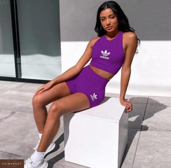 Приобрести фиолетовый женский спортивный костюм Adidas: велосипедки+топ онлайн
