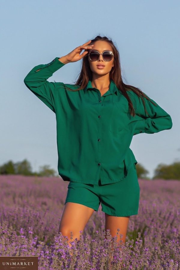 Приобрести по низким ценам зеленый костюм с шортами из штапеля (размер 42-52) для женщин