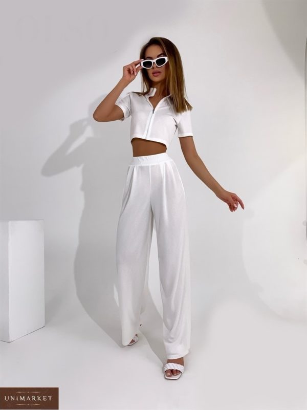 Приобрести белый женский костюм двойка: кроп-топ+брюки палаццо в интернете